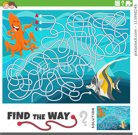 maze game with cartoon marine life animal characters maze game with cartoon marine life animal characters 113998249