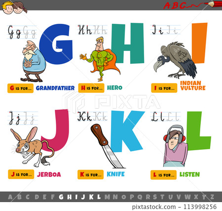 educational cartoon alphabet letters for children from G to L 113998256