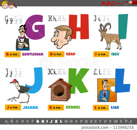 educational cartoon alphabet letters for children from G to L 113998258