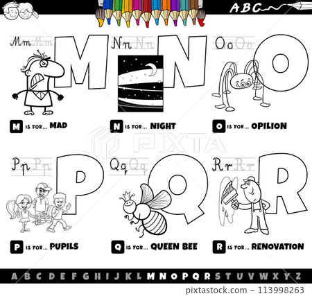 educational alphabet letters cartoon set from M to R coloring page 113998263