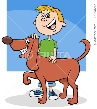 happy cartoon boy character with his pet dog 113998264