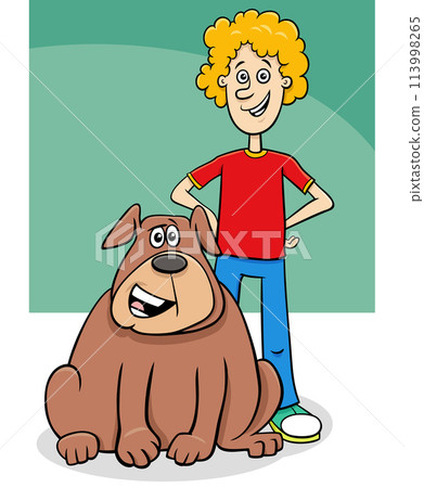 funny cartoon boy character with his pet dog 113998265