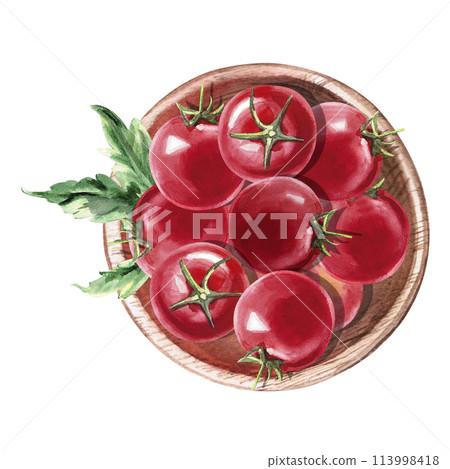 Wooden plate with tomatoes in watercolor illustration on a white background. Hand drawn illustration of bowl with vegetables for cookbooks, canning and organic food recipes, agricultural shows. 113998418