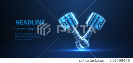 Two piston on blue. Engine piston, Cylinder additive, Spare rod, Motorcycle motor. Two piston on blue. Engine piston, Cylinder additive, Spare rod, Motorcycle motor. 113998426