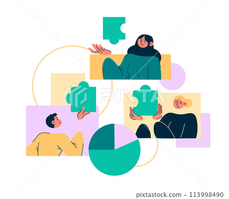 People connect pieces of puzzle together Teamwork, team building People connect pieces of puzzle together Teamwork, team building 113998490