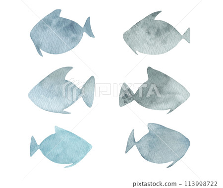 Simple blue fish.Watercolor illustration.Children's stylized sea animals. Hand drawn isolated art. Clipart of simple silhouettes for children's room, cards, books. 113998722