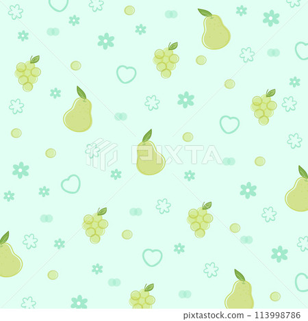 Illustration of fruits such as mango, grape and heart on a pastel green background for fruity backdrop, summer pattern, print, wallpaper, grocery shopping, supermarket, vegan, clothes Illustration of fruits such as mango, grape and heart on a pastel green background for fruity backdrop, summer pattern, print, wallpaper, grocery shopping, supermarket, vegan, clothes 113998786