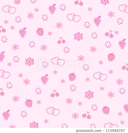 Illustration of fruits such as strawberry, grape, flowers and heart on a pastel pink background for Valentine, fruity backdrop, summer pattern, wallpaper, grocery shopping, supermarket, vegan, clothes 113998787