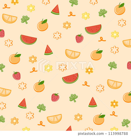 Illustration of fruits such as watermelon, orange, lemon, strawberry, flower on a pastel orange background for fruity, summer pattern, print, wallpaper, grocery shopping, supermarket, vegan, clothes Illustration of fruits such as watermelon, orange, lemon, strawberry, flower on a pastel orange background for fruity, summer pattern, print, wallpaper, grocery shopping, supermarket, vegan, clothes 113998788