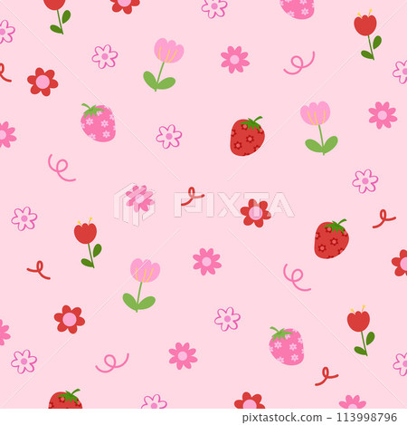 Illustration of fruits such as strawberry and flowers on a pastel pink background for Valentine, fruity backdrop, summer pattern, wallpaper, grocery shopping, supermarket, vegan, clothes, picnic 113998796