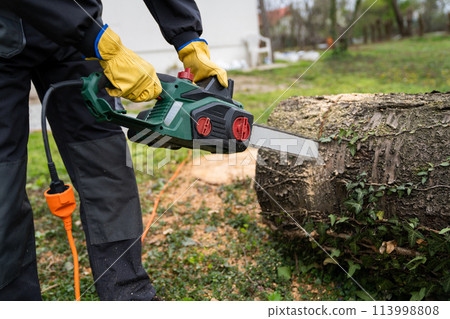 A man in uniform cuts an old tree in the yard with an electric saw A man in uniform cuts an old tree in the yard with an electric saw 113998808