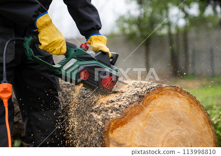 A man in uniform cuts an old tree in the yard with an electric saw A man in uniform cuts an old tree in the yard with an electric saw 113998810