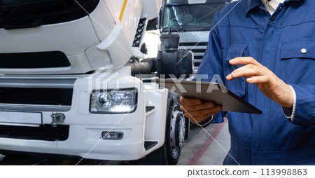 Serviceman with digital tablet on the background of the truck in the garage.. Serviceman with digital tablet on the background of the truck in the garage.. 113998863
