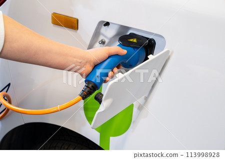 Woman holding plug of electric car charging station 113998928