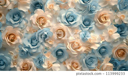 3d wallpaper stretch ceiling, blue and beige roses pattern frame background 113999233