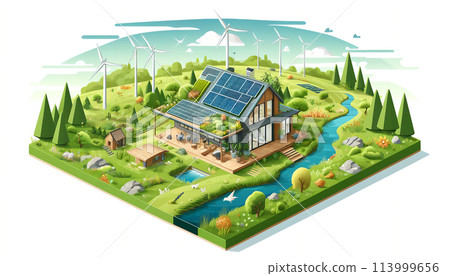 A zero-energy home that runs on natural energy from solar panels and wind power 113999656