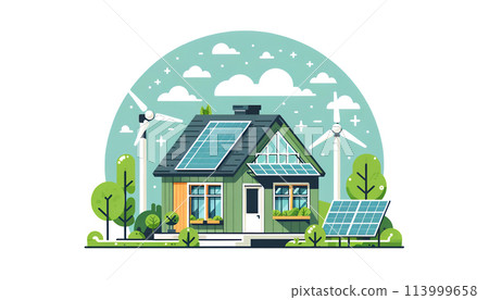 A zero-energy home that runs on natural energy from solar panels and wind power 113999658