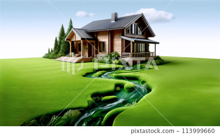 Wooden house and river on green hill 113999660