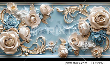 3d wallpaper, roses background, blue and beige color, roses pattern 113999700