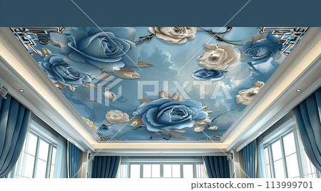 3d wallpaper, roses background, blue and beige color, roses pattern 113999701