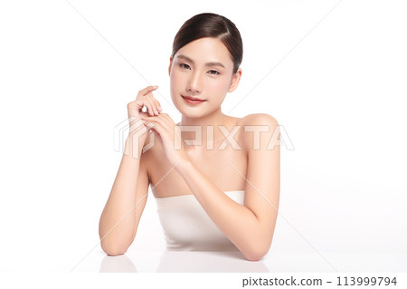 Beautiful young asian woman with clean fresh skin on white background, Face care, Facial treatment, Cosmetology, beauty and spa, Asian women portrait. 113999794