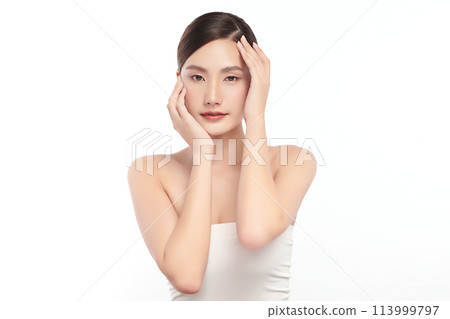 Beautiful young asian woman with clean fresh skin on white background, Face care, Facial treatment, Cosmetology, beauty and spa, Asian women portrait. Beautiful young asian woman with clean fresh skin on white background, Face care, Facial treatment, Cosmetology, beauty and spa, Asian women portrait. 113999797