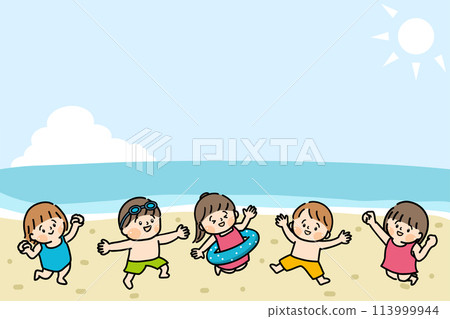 穿著泳衣在海裡跳躍的孩子們 113999944