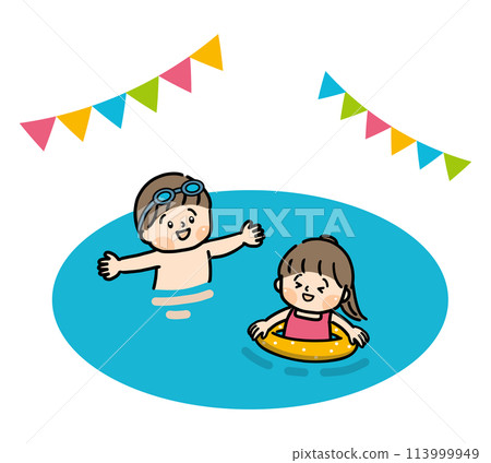 Boy and girl playing in the pool 113999949