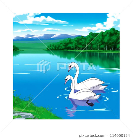 天鵝湖 藍天下一對天鵝游泳的湖泊插畫生成AI 114000134