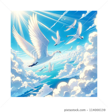 The swans set off to their respective destinations, flying above the clouds. Some turn back. Generative AI 114000139
