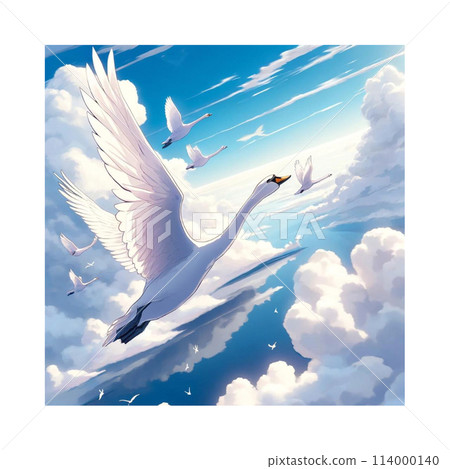 天鵝的飛翔，天空和大海的藍色，雲朵和天鵝的潔白，生成AI 114000140