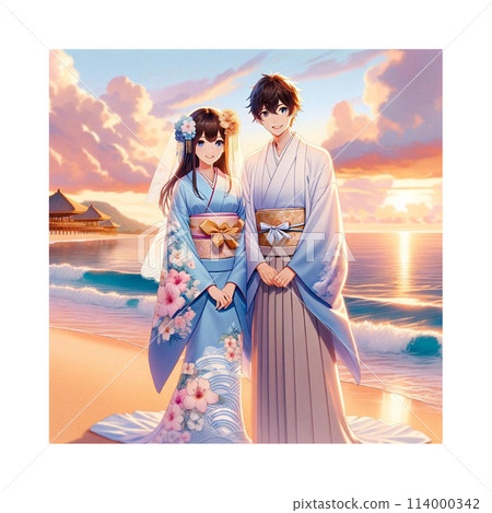 A wedding photo of a couple in kimono on the beach at dusk Manga Generative AI A wedding photo of a couple in kimono on the beach at dusk Manga Generative AI 114000342