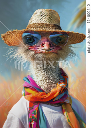 Ostrich in jacket hat and glasses poster style 114000840