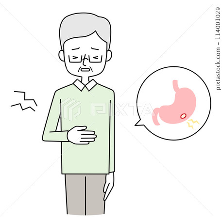 Illustration of a senior man with a stomach ulcer 114001029