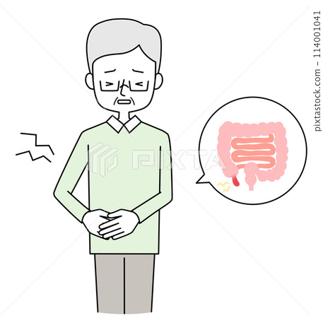 Acute appendicitis - Illustration of a senior man with a stomach ache Acute appendicitis - Illustration of a senior man with a stomach ache 114001041