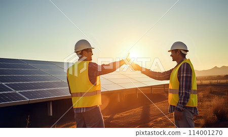 Two solar energy engineers give each other a high five in front 114001270