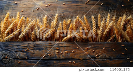 Wooden background with ears of grain, eco background 114001375