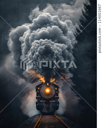 A steam locomotive billowing smoke, captured in a dynamic shot with the smoke forming an elegant and flowing shape that is reminiscent of clouds or mist. A steam locomotive billowing smoke, captured in a dynamic shot with the smoke forming an elegant and flowing shape that is reminiscent of clouds or mist. 114001667