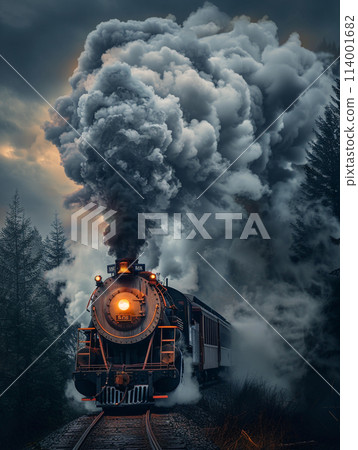 A steam locomotive billowing smoke, captured in a dynamic shot with the smoke forming an elegant and flowing shape that is reminiscent of clouds or mist. 114001682