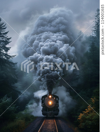 A steam locomotive billowing smoke, captured in a dynamic shot with the smoke forming an elegant and flowing shape that is reminiscent of clouds or mist. 114001685