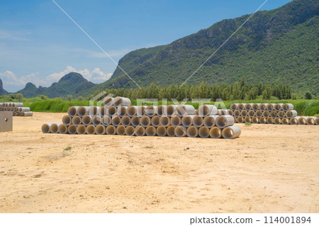 Drainage Concrete Pipe with mountain hills. 114001894