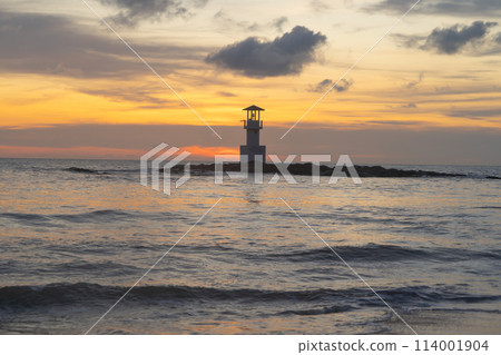 Lighthouse tower, Khao Lak with seawater, Andaman sea in Phang Nga Bay island in summer season, Thailand. Tourist attraction. 114001904