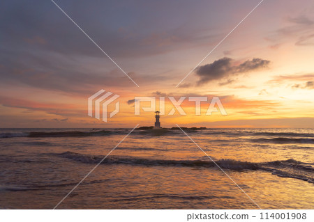 Lighthouse tower, Khao Lak with seawater, Andaman sea in Phang Nga Bay island in summer season, Thailand. Tourist attraction. 114001908