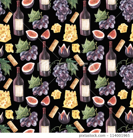 Watercolor bottles and glasses of red wine decorated with cheese, blue grapes, figs, black olives, star anise and cork. Hand painted seamless pattern 114001965