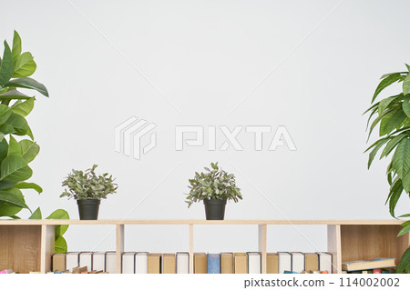 Wooden podium. With a layout for your design. An empty wall with space to copy. A stand with a platform and pots with indoor plants. Fashionable composition in the background. High quality photo Wooden podium. With a layout for your design. An empty wall with space to copy. A stand with a platform and pots with indoor plants. Fashionable composition in the background. High quality photo 114002002