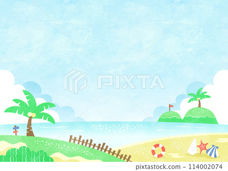 Lazy summer seascape, palm trees and tropical islands watercolor background illustration Lazy summer seascape, palm trees and tropical islands watercolor background illustration 114002074
