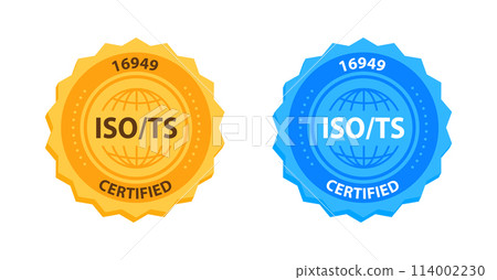 ISO TS 16949 Quality Management Certification Badge Gold and blue. Vector illustration ISO TS 16949 Quality Management Certification Badge Gold and blue. Vector illustration 114002230