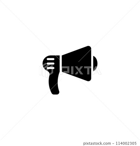 A simple black silhouette icon depicting a hand-held megaphone, representing announcement, amplification, and communication. Vector icon for website design, logo, app, ui. A simple black silhouette icon depicting a hand-held megaphone, representing announcement, amplification, and communication. Vector icon for website design, logo, app, ui. 114002305