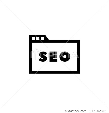 A simple black and white graphic icon depicting computer folder or window with the letters 'SEO' inside, representing search engine optimization and online visibility. Vector icon for website design. 114002306