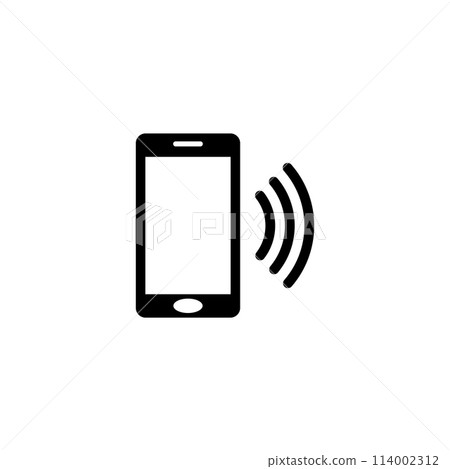 A black silhouette of a smartphone displaying wireless signal waves, representing mobile connectivity and communication technology. Vector icon for website design, logo, app, ui. 114002312